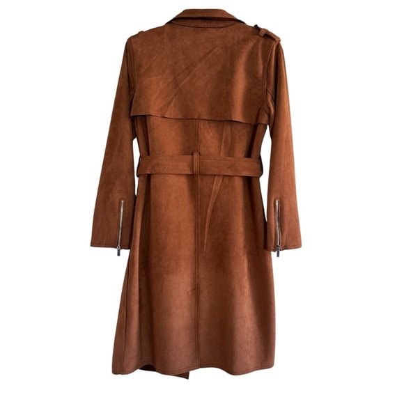 T Tahari Brown Amber Faux Leather Coat Open Front Long Belted Layering M - Picture 3 of 7